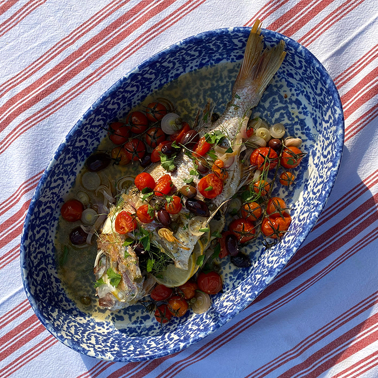 Baked Whole Snapper, Tomatoes, Olives, Capers