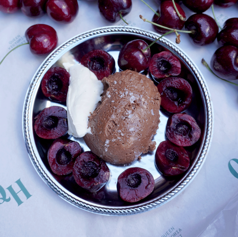 Chocolate Mousse with Cherries, Cream & Vanilla Bean