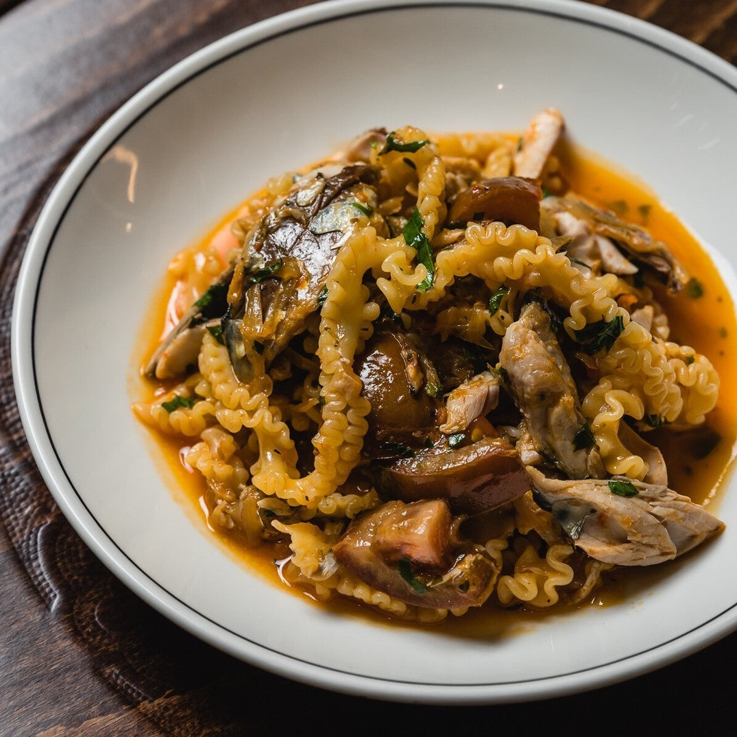 Ragazzi's Mafaldine with Blue Mackerel, Calabrian Chilli, Oxheart Tomato