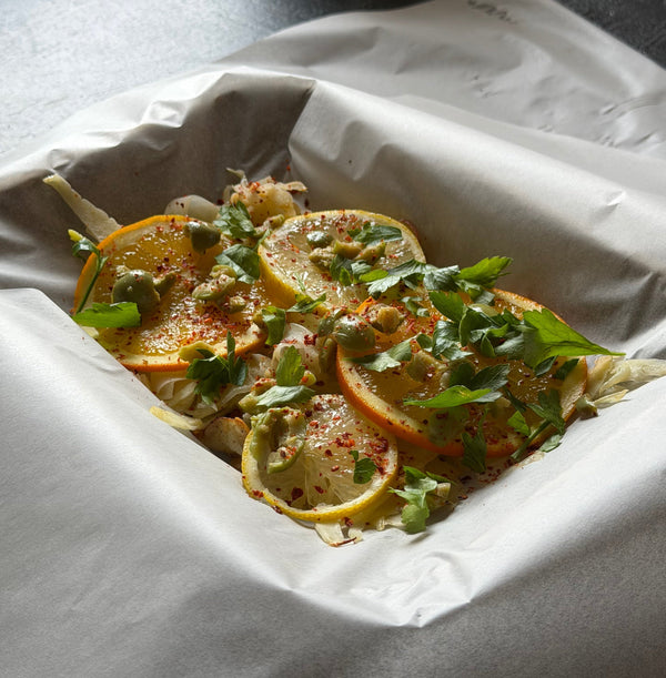 Fish En Papillote with Green Olive, Citrus & Fennel