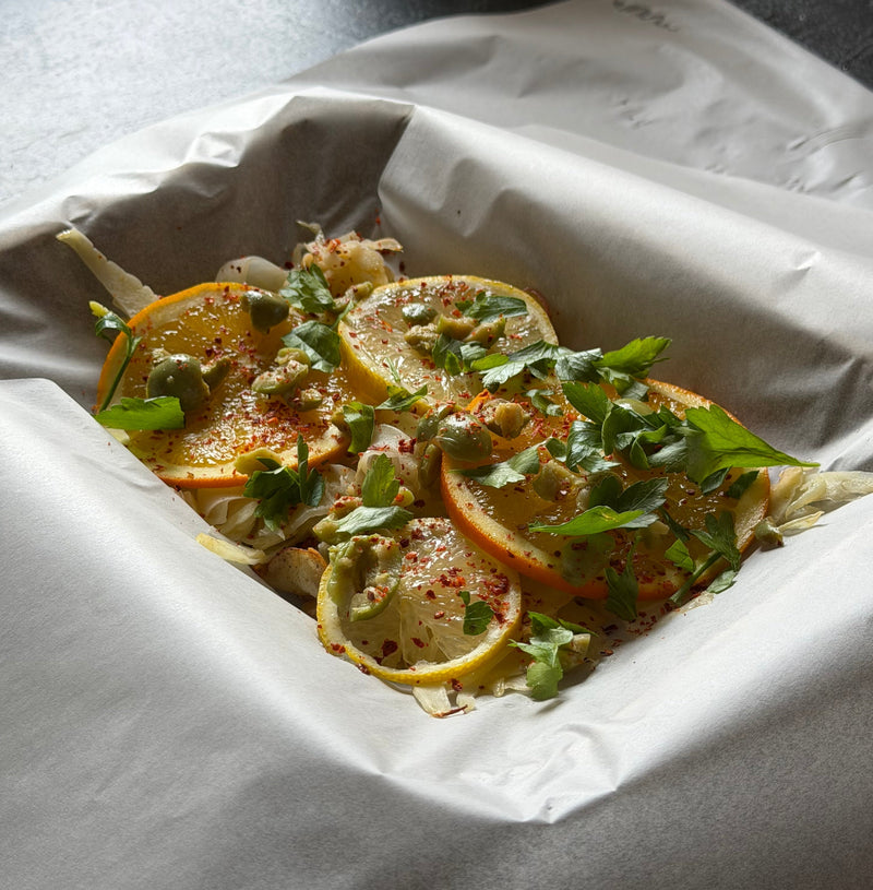 Fish En Papillote with Green Olive, Citrus & Fennel